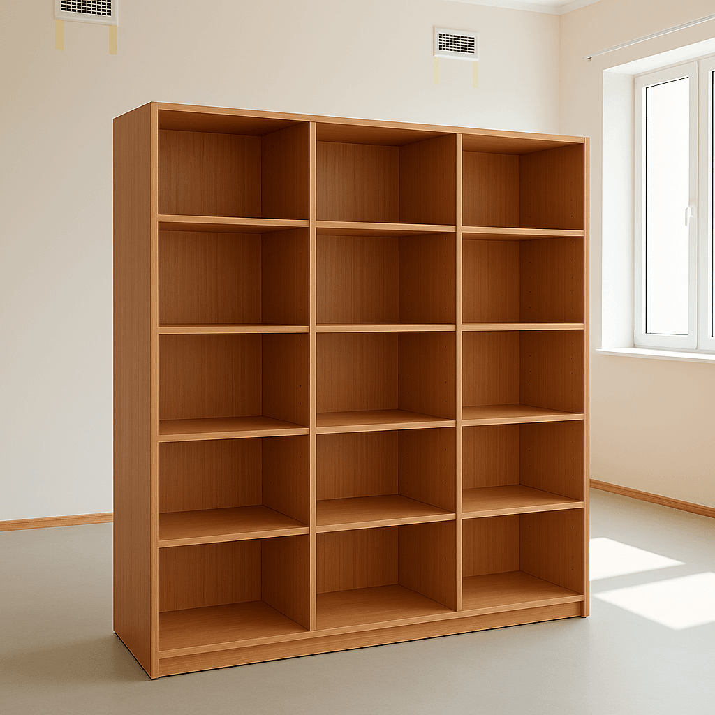 Modern library shelf with multiple tiers for books and décor, designed for home, office, and public space storage solutions