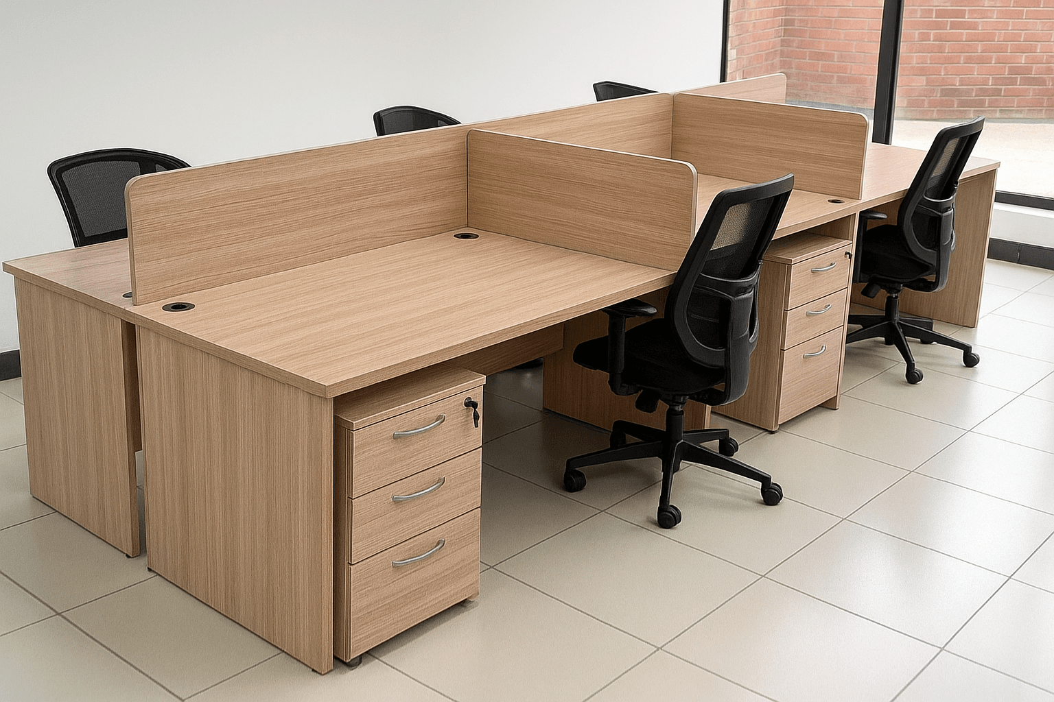6-seater wooden office workstation with privacy partitions, storage drawers, and spacious desktops for corporate offices and co-working spaces.
