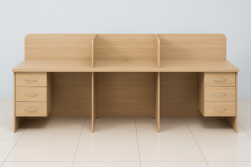 3-Seater Wooden Office Workstation with privacy partitions and storage drawers, designed for modern corporate offices and co-working spaces.
