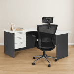 L-shaped office desk with three drawers and spacious work surface, ideal for home or office use