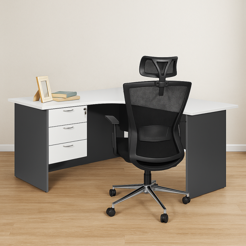 L-shaped office desk with three drawers and spacious work surface, ideal for home or office use
