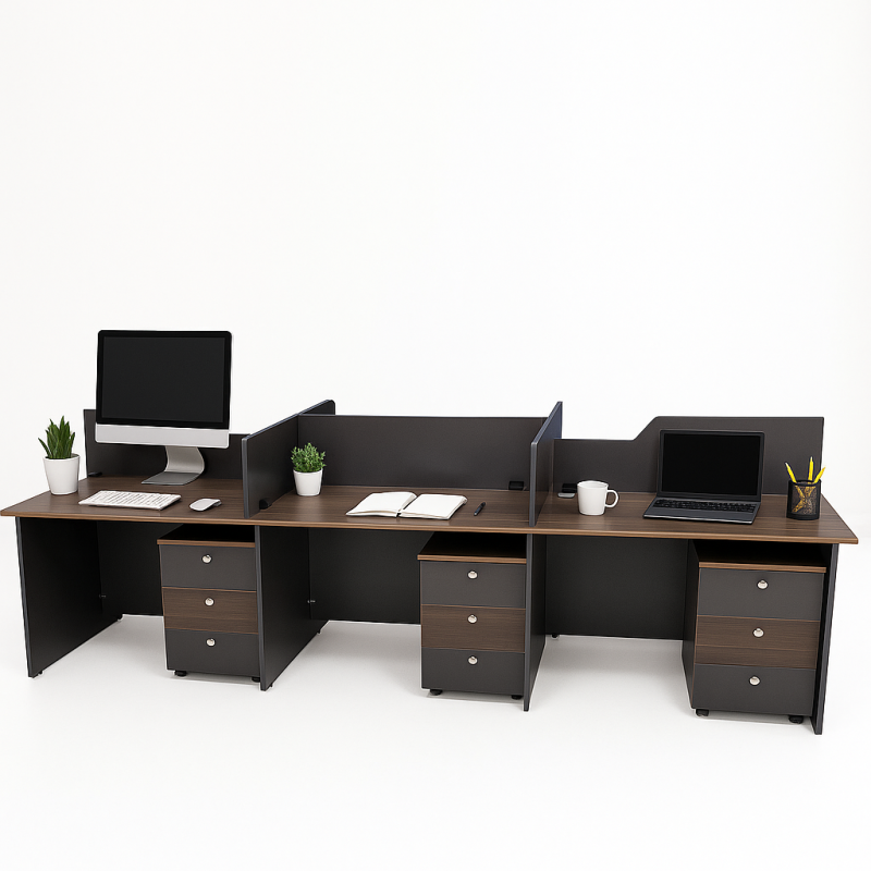 Modern 6-seater office workstation desk with storage drawers and partitions for corporate offices and co-working spaces