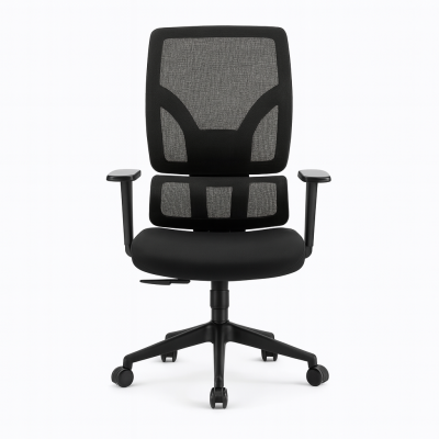 Ergonomic mesh office chair with lumbar support, padded armrests and 5-star base on casters.