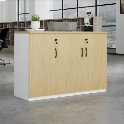 Modern wooden office storage credenza with 3 lockable doors – light oak finish and white frame