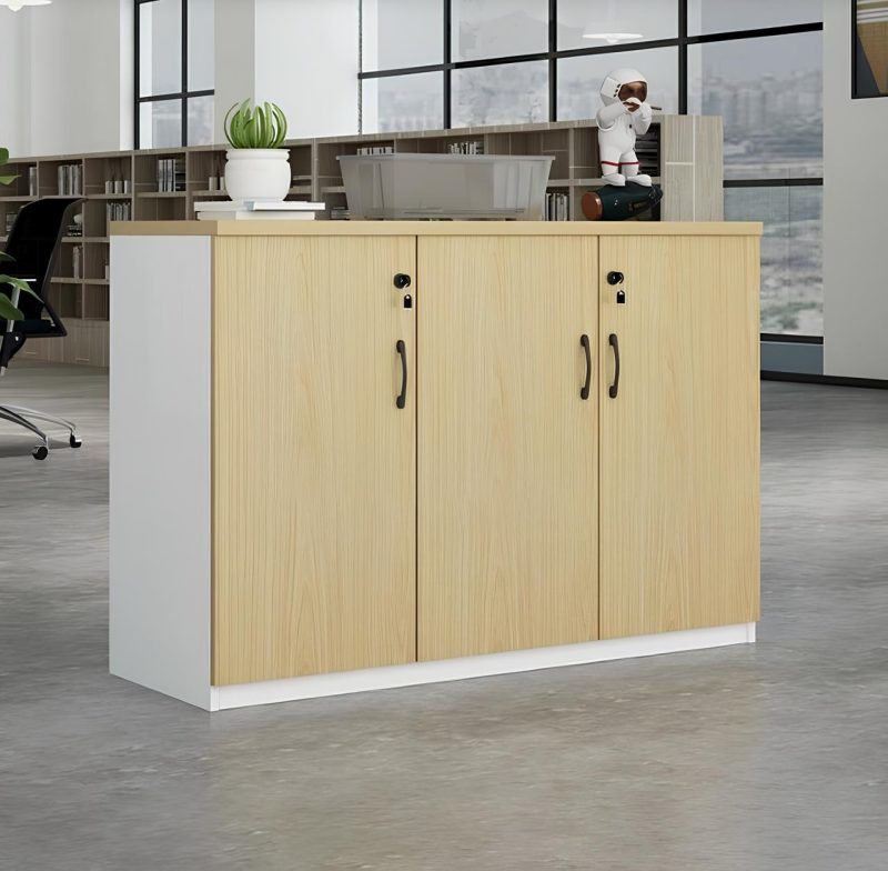 Modern wooden office storage credenza with 3 lockable doors – light oak finish and white frame