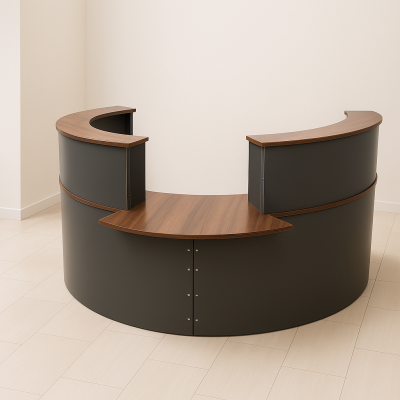 Modern curved reception desk with wood finish for corporate office lobbies