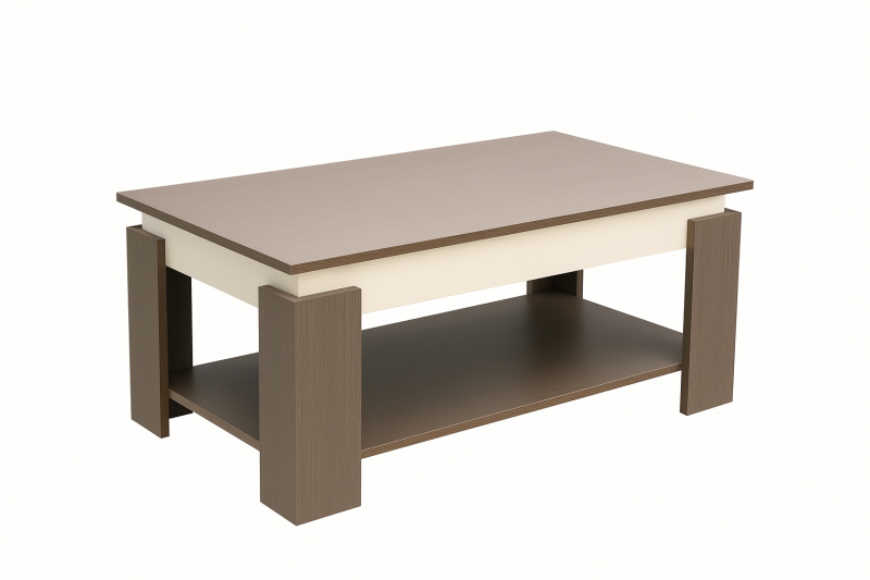 Modern wooden coffee table with storage shelf for office and co-working spaces
