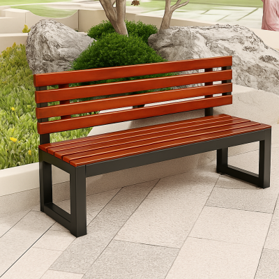 Outdoor office bench with wooden slats and black metal frame placed in a courtyard setting
