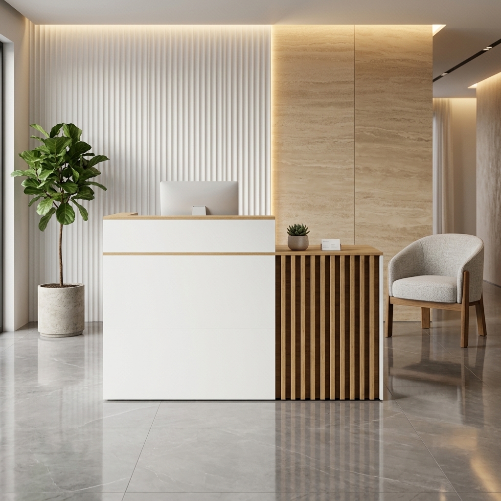 1.6m Modern Front Office Reception Desk with Vertical Fluted Wood Slats