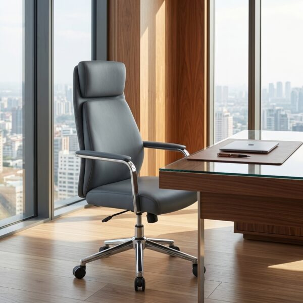 High-Back Grey Leather Executive Swivel Chair